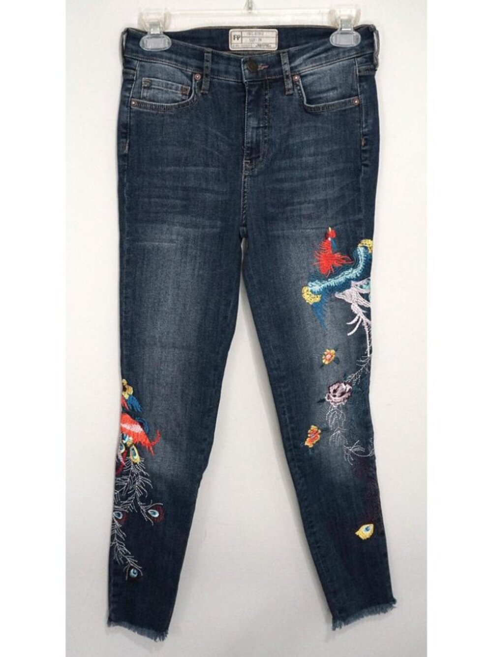Free People Floral Embroidered Bird Skinny Denim Raw Hem Jeans Size 26